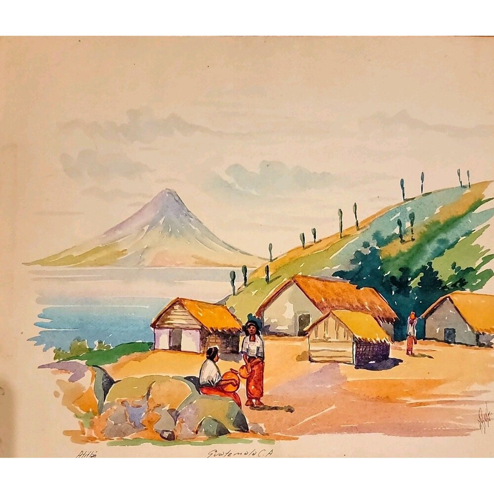 Original Watercolor on Paper Guatemalan C.A Village Landscape, Signed Atitlan